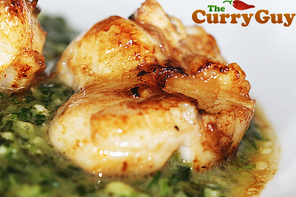Pan seared scallops with a coriander sauce