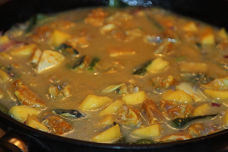 Making Mackerel and mango curry